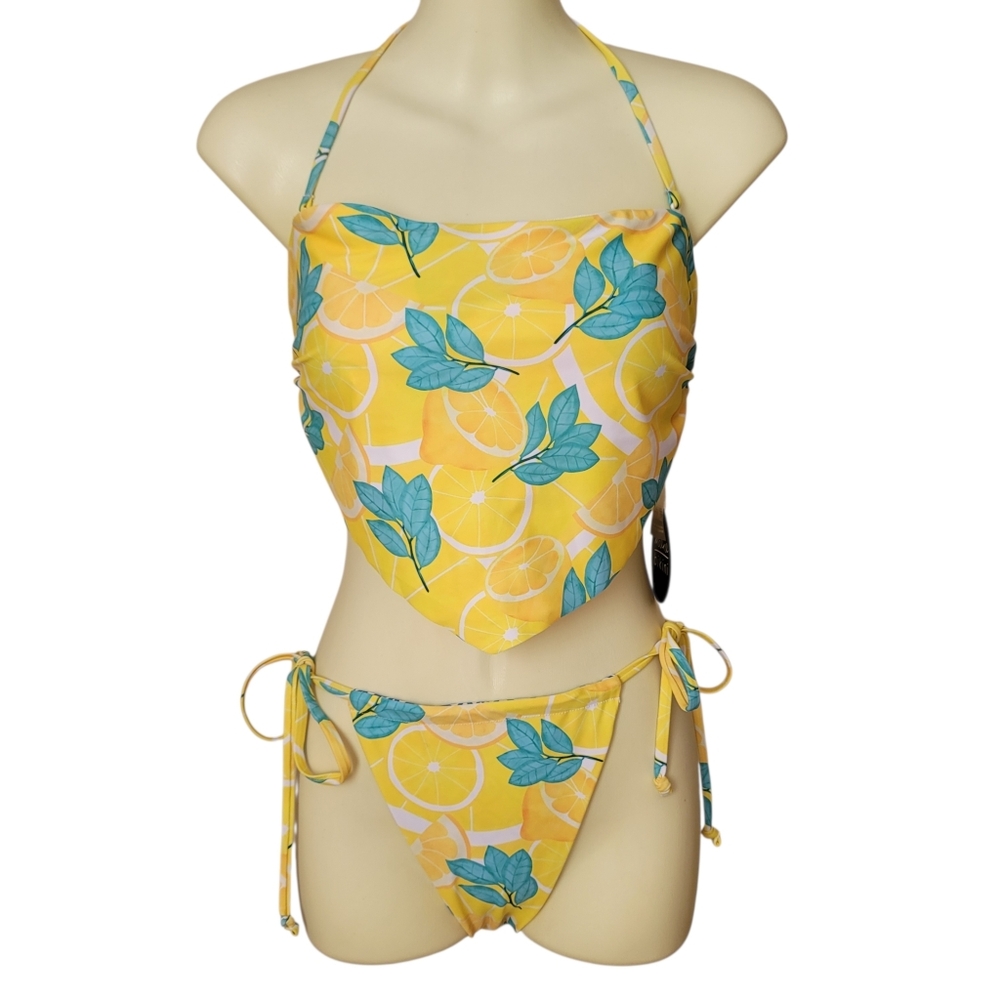 Moana Lemon Citrus Yellow Two Piece Bikini Set Handkerchief Tie Side Vee Bottom